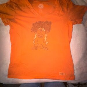 Life Is Good Orange V‑Neck Tee with Dog Graphic